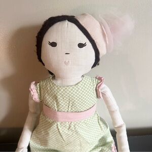 Pottery Barn Kids designer muslin linen cloth rag doll w/ green & pink dress